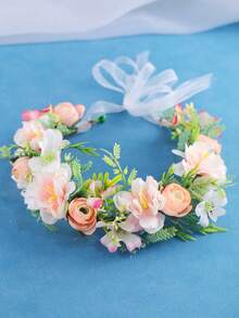 KOVLYNE 1 Peça Tiara Romântica com Guirlanda Floral Rosa e Fita de Organza, Acessório de Cabelo Estilo Boêmio para Casamento e Festival - Rosa chiclete - Visão 2