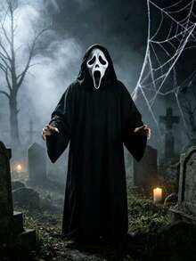 1pc Classic Horror Ghost Mask With Black Hood, Full Head Latex Cosplay Mask, Suitable For Halloween Party, Haunted House, Escape Room Costume Props - Multicolor - View 1