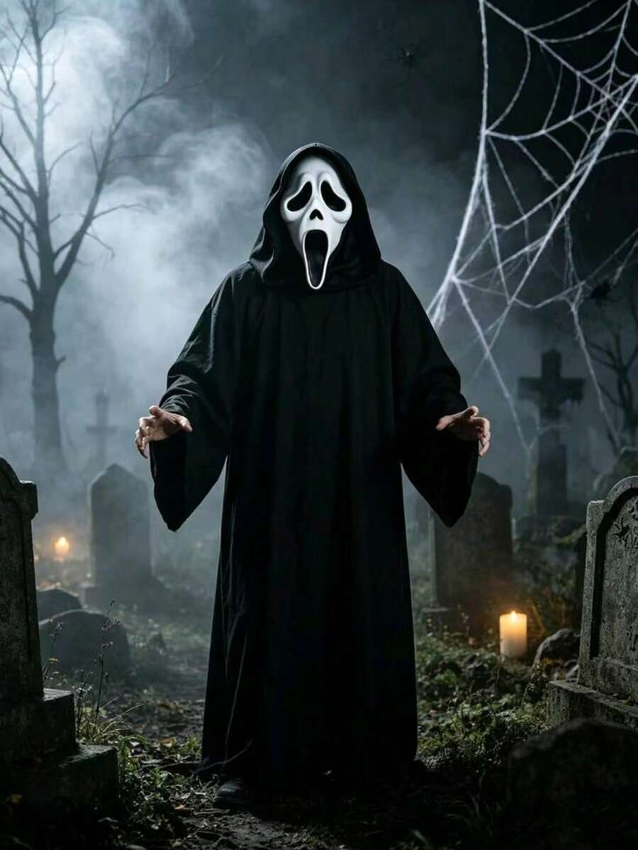 1pc Classic Horror Ghost Mask With Black Hood, Full Head Latex Cosplay Mask, Suitable For Halloween Party, Haunted House, Escape Room Costume Props - Multicolor - View 1