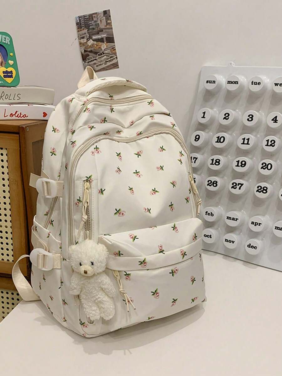 新款青少年女孩後背包 時尚花卉款 多功能大容量學生包 可愛大學校園書包 - 彩色 - 查看 1