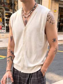 ANDREILEE Men's Unisex Knitted Vest Street Casual Solid Color V-Neck Button-Up Sleeveless Cardigan Spring/Summer - Beige - View 1