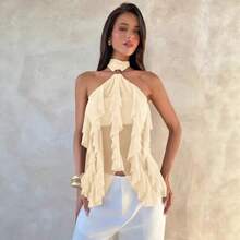 Women's Purple Chiffon Halter Top, With Metal Clasp And Multiple Ruffles, Sheer Backless Blouse For Parties And Date Nights - 杏色 - 查看 9