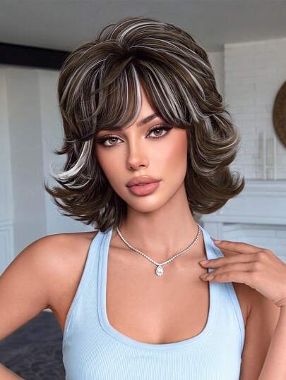 PIAOYUN 12inch Brown Layered Flip Shag Curly Pixie Wig With Wispy Bangs White Highlighted Short Heat Resistant Fiber Fluffy Synthetic Wig For Mature Women For Women Daily Life And Party Wear