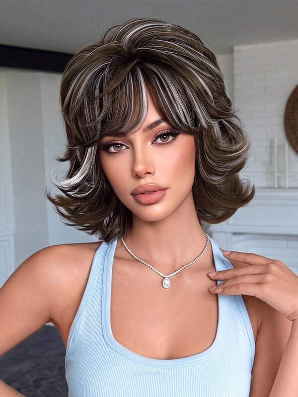 PIAOYUN 12inch Brown Layered Flip Shag Curly Pixie Wig With Wispy Bangs White Highlighted Short Heat Resistant Fiber Fluffy Synthetic Wig For Mature Women For Women Daily Life And Party Wear