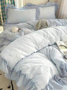Blue Small Floral Ruffle Trim 4-Piece Bedding Set, French Country Style Bedding Set, Breathable Soft All-Season Bedding Set, Includes 1 Duvet Cover, 1 Bed Sheet, 2 Pillowcases, No Filling, Suitable For Bedroom, Dorm, Home Use, Multiple Size Options, Back To School Dorm Decor, College Decor - Blue - View 1