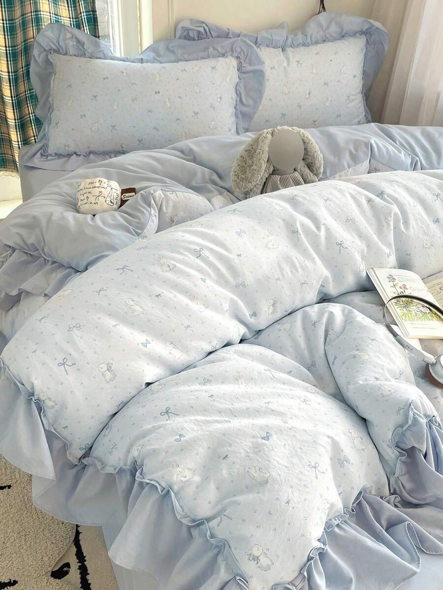 Blue Small Floral Ruffle Trim 4-Piece Bedding Set, French Country Style Bedding Set, Breathable Soft All-Season Bedding Set, Includes 1 Duvet Cover, 1 Bed Sheet, 2 Pillowcases, No Filling, Suitable For Bedroom, Dorm, Home Use, Multiple Size Options, Back To School Dorm Decor, College Decor - Blue - View 1