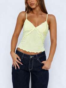 Women Y2K Sheer Lace Mesh Camisole Slim Fit V Neck Open Back Cami Tops Summer Spaghetti Strap Tank Tops Cute Lace Trim Crop Tops Party Club Outfit - 黃色 - 查看 8