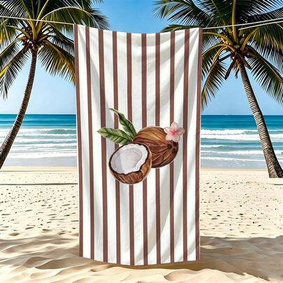 1pc Coconut Striped Microfiber Beach Towel, Soft Absorbent Lightweight Towel, Suitable For Adults And Teens, Perfect For Beach, Travel And Swimming Beach Blanket