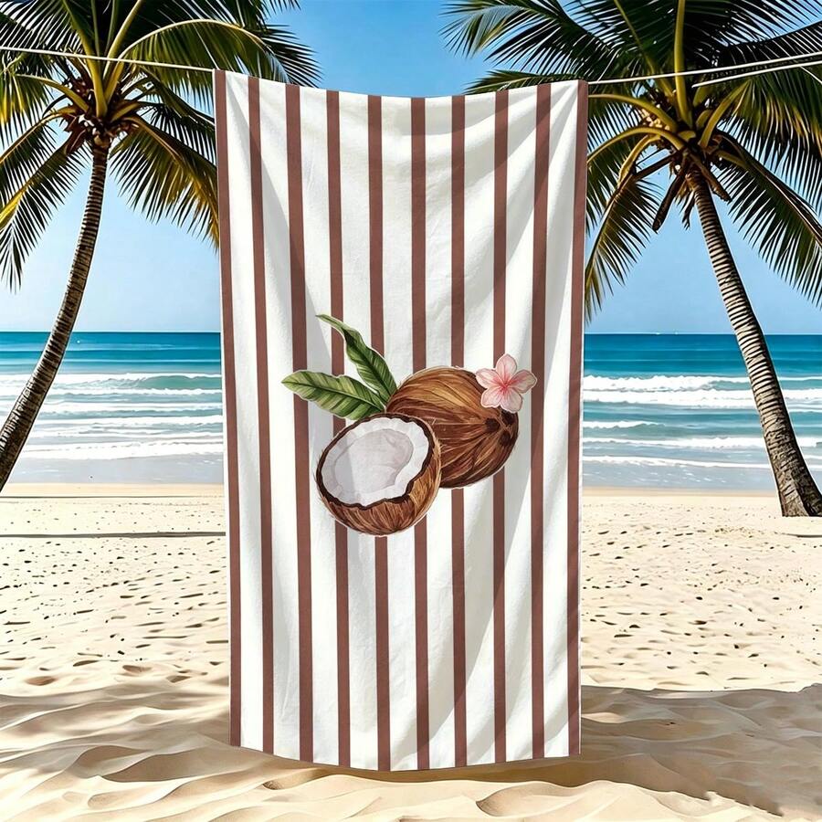 1pc Coconut Striped Microfiber Beach Towel, Soft Absorbent Lightweight Towel, Suitable For Adults And Teens, Perfect For Beach, Travel And Swimming Beach Blanket - Multicolor - View 1