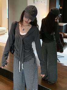 Kaos Lengan Panjang 2 in 1 Gaya Korea dengan Ikatan Depan yang Santai, Atasan Lapisan Dasar Serbaguna Slim Fit untuk Wanita, Musim Gugur/Dingin - Dark Grey - View 6