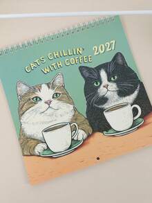 2027 Cat Drinking Coffee Fun Desktop Calendar, Vintage Illustration Cute Pet Desktop Decor Ornament, Holiday Gift Plan Check-In Vertical Calendar - A - View 4