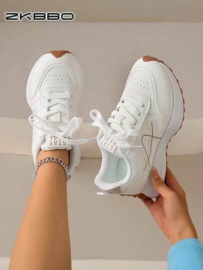 ZKBBO Women's Casual Sports Shoes PU Leather Comfortable Minimalist All-Season Style Fitness Walking Running Lace-Up White Sneakers
