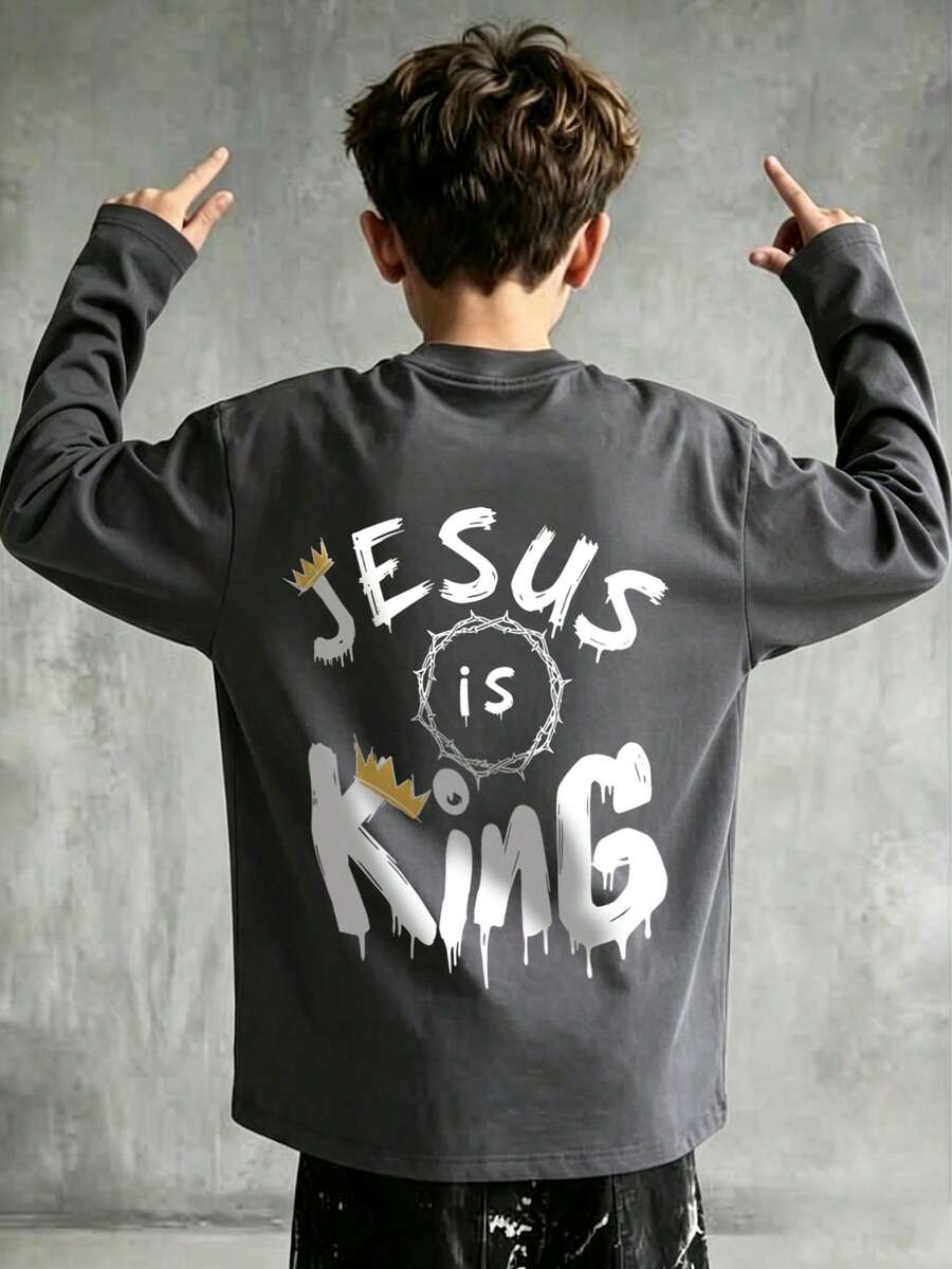 Tween Boys Dark Grey Crew Neck Long Sleeve T-Shirt, Graffiti Drip ...