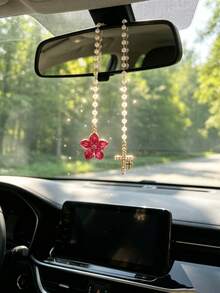 1pc Pearl Chain Alloy Cherry Blossom Car Rearview Mirror Pendant, Rhinestone Cross Car Hanging Ornament, Flower Rhinestone Cross Car Pendant, Universal Car Rearview Mirror Interior Decoration Accessory - Flower Cross - View 6