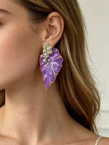 ZR 1 Pair Enamel Leaf Rhinestone Elegant Dangle Earrings, Women's Daily Party Wedding Fashion Jewelry - Enamel Leaf Earrings - View 2