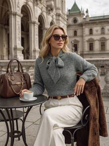 NiceArt Sweater Pullover Wanita Lengan Raglan Rajut Bergaris Kerah Pita Lengan Panjang Longgar Elegan Kasual Musim Gugur - Grey - View 3