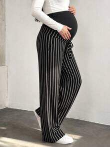 Women's Maternity Summer Pants: Black Striped Wide Leg Elastic Waist Casual Sports Pants - Black - View 5