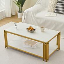 Rechteckiger Couchtisch Mit Metallbeinen, Tischplatte In Marmorierung, Moderne Wohnzimmermöbel, Weiß-Goldene – H46/B1140/T64 Cm - White - View 4
