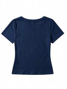 U-Neck Short Sleeve T-Shirt, Stretchy Slim Fit Solid Color All-Match Tee Casual Summer - Navy Blue - View 3