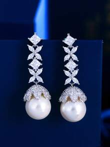 1 Pair Classy Silver Plated Long Leaf Cubic Zirconia Crystal Drop Pearl Dangle Earrings For Wedding Party Prom Daily To Women Girlfriends Wife Mother Gift - White - View 7
