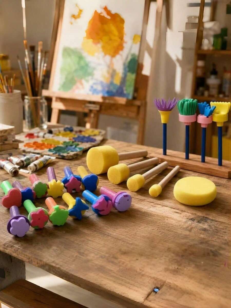 25/35 قطعة مجموعة فرش رسم إسفنجية مع أختام بكرة بمقبض خشبي عالية الكثافة لفن القماش والحرف اليدوية - أداة الرسم - مشاهدة 1