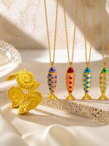 VceTd 2PCS Ocean Vacation Style Stainless Steel Women's Jewelry Set With Fish/Shell Pendant Design, Suitable For Daily Wear Or Beach Vacation Or Gift - Yellow Gold - View 1