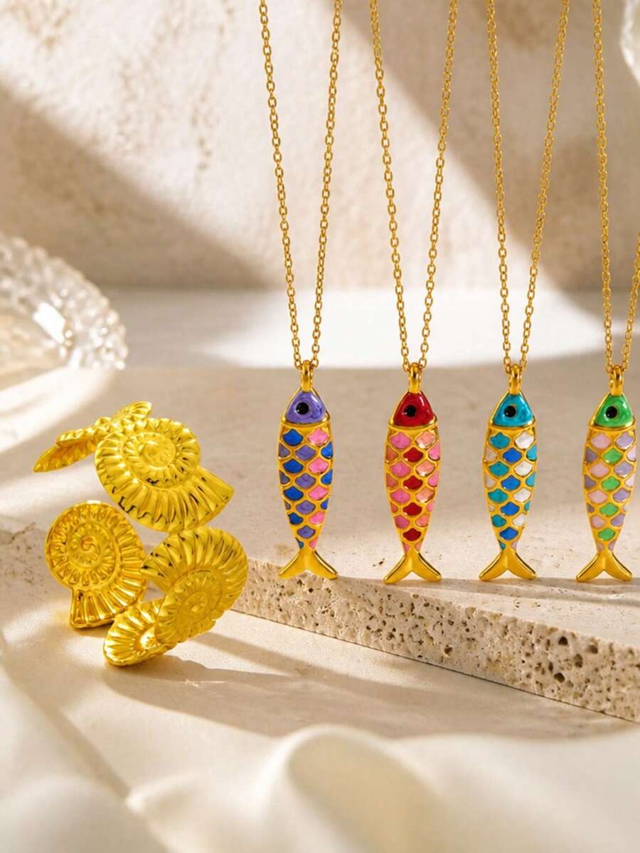 VceTd 2PCS Ocean Vacation Style Stainless Steel Women's Jewelry Set With Fish/Shell Pendant Design, Suitable For Daily Wear Or Beach Vacation Or Gift - Yellow Gold - View 1