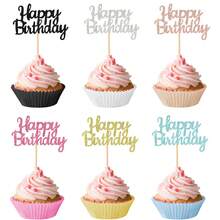 24 Peças Topper de Bolo de Aniversário Feliz com Glitter Brilhante, Toppers de Cupcake Multicoloridos, Decorações de Bolo para Festa de Aniversário, Suprimentos para Sobremesas e Confeitaria - Multicolorido - Visão 1