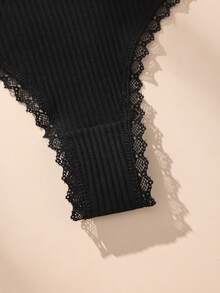 5pcs Black Plus Size Lace Patchwork Bow Sexy Ribbed Cotton Women's Thongs - Black - View 6