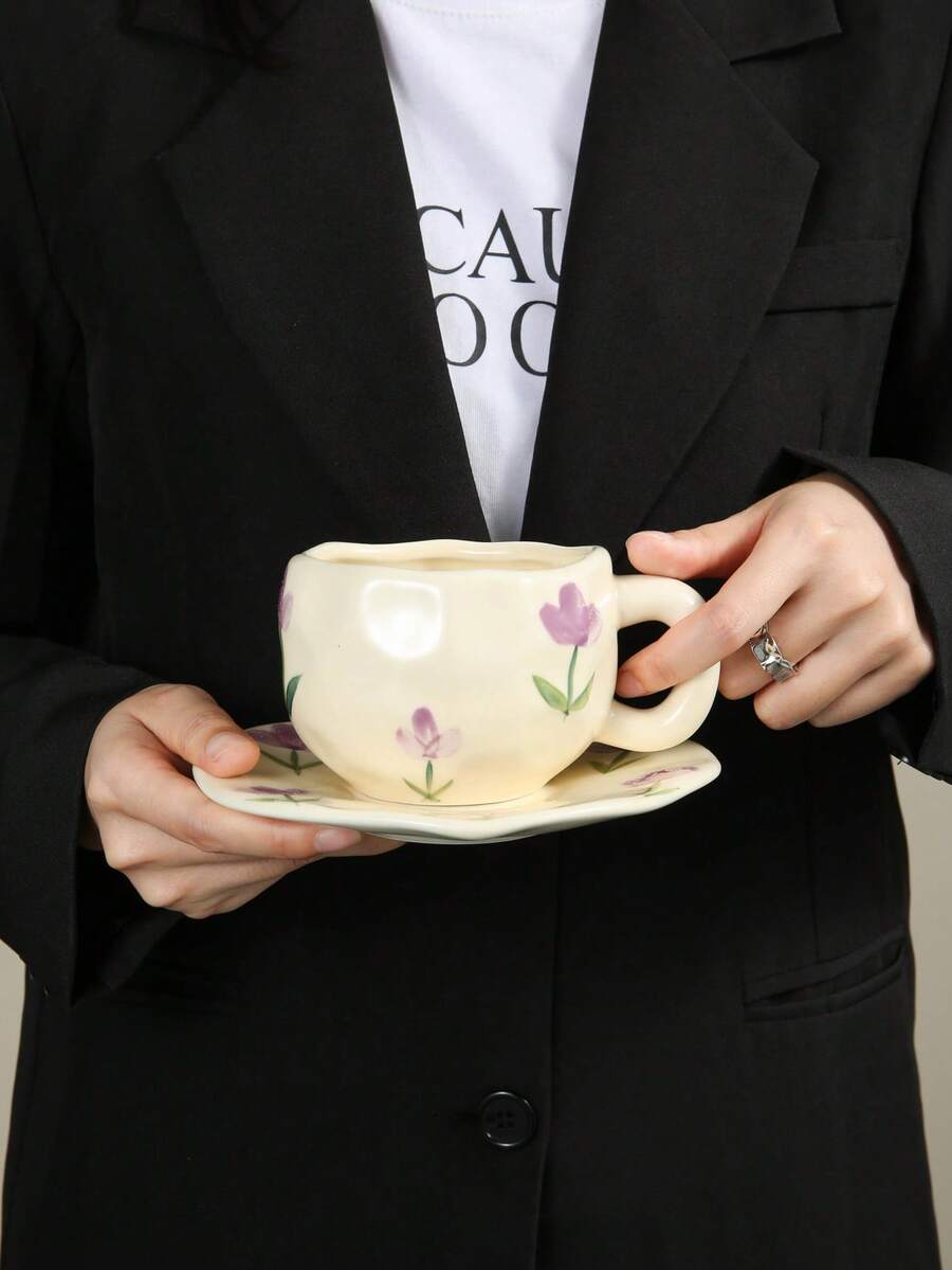 1pc Ins Style Ceramic Coffee Cup And Saucer, Cute Hand-Painted Tulip Pattern, Suitable For Home, Office, Cafe Use, Great Gift Choice - Multicolor - View 1