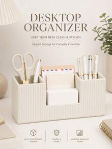 Cream-Style Vertical Striped Desktop Storage Box, Office Divided Pen Holder, Small Item Memo Remote Control Organizer - View 12