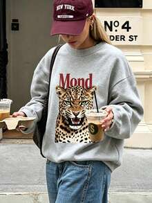 Autumn/Winter New Women's Round Neck Sweatshirt Leopard Print Fashion Versatile Street Casual - Dark Gray - View 3