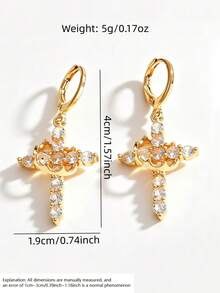 Elegant Vintage Cross Dangle Earrings, Copper Base With Clear Rhinestone Inlay, Women's Date Earrings - Gold - View 3