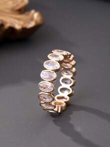 1pc Oval Cubic Zirconia Women's Ring, Copper Plated Gold Material, Suitable For Daily Wear And Evening Parties - Oval Ring - View 6