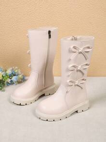1 Pair Beige Bow Decor Soft PU Mid-Calf Classic Boots, Anti-Slip Wear-Resistant Rubber Soft Sole, Portable Side Zipper Princess Boots, Suitable For Daily Casual, Warm, Hiking, Home, Party, Outdoor Wear, Autumn/Winter New 2026 - Beige - View 5