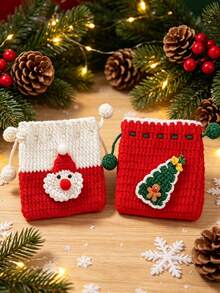 10/1pc Handmade Crochet Knitted Drawstring Storage Bag, Square Mini Soft Woven Pouch With Pom Pom Drawstring, 3D Santa Claus Snowflake Gingerbread Man Christmas Tree Applique Decor, Small Coin Purse, Christmas Holiday Party Decoration Gift Bag - Multicolor - View 4