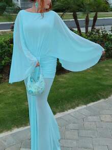 Women's Elegant Sheer Knitted Long Sleeve Dress, Fitted Party Gown With Halter Neckline For Formal Occasions - Blue - View 2