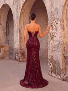 ADYCE Elegant V-Neck Sequin Embroidered Hollow High Waist Side Slit Backless Wedding Guest Dress, Suitable For Prom, Party And Banquet, Formal Dress Fall - 酒紅色 - 查看 2