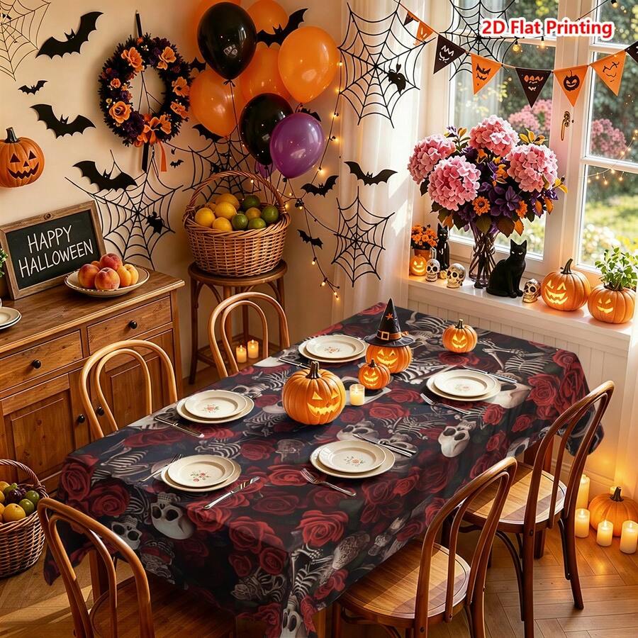 1/2pcs Halloween Tablecloth, Halloween Theme Skull And Red Rose Pattern Polyester Tablecloth Suitable For Dining Table, Coffee Table, Kitchen, Picnic, Camping, Country Farmhouse Decor, Holiday Table Setting - Multicolor - View 1