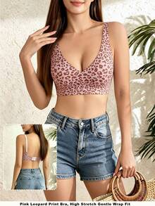 Pink Leopard Print Wireless Bra With Adjustable Straps, Removable Pads, Soft Support, V-Neck, Seamless, Comfortable Everyday Style For Women - Pink - View 1