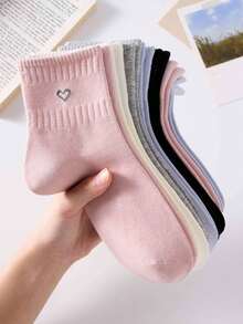 5 Pairs Women's Heart Pattern Mid-Calf Socks, White, Pink, Black, Casual Comfortable Mid-Calf Socks, College Style Student Socks, Fashionable Comfortable Suitable For Daily Wear, Spring Summer Autumn Winter All Seasons - Multicolor - View 2