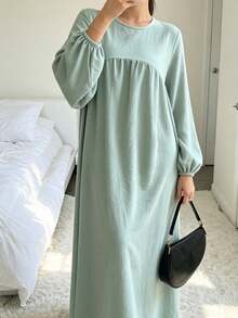 1pc New Plus Size Dress With Ruched Chest, Lantern Sleeve Design, Classic Versatile Abaya For Women's Daily Wear - Multicolor - View 6