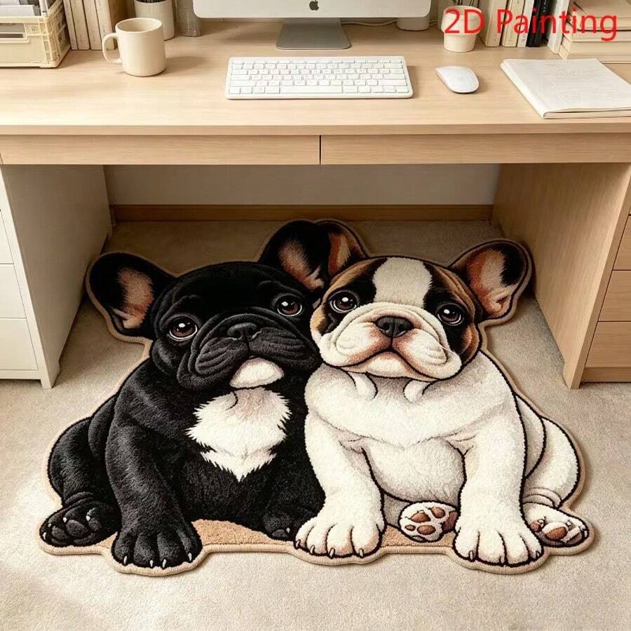 1pc Cute French Bulldog Shaped Cartoon Rug, 2D Realistic Printing Process, Vividly Depicting Two Adorable French Bulldog Images, Unique 3D Design, Breaking The Monotony Of Traditional Regular Rugs. Soft Plush Texture, Comfortable And Skin-Friendly Foot Feel, Washable Design, Easy Daily Care, Resistant To Dirt - A - View 1