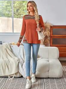 Plus Size Women's Round Neck Colorblock Printed Long Sleeve Top - Orange - View 5
