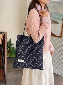 1件女款拼色尼龍單肩包，時尚大容量五星裝飾托特包，適合購物、度假與旅行 - 藍色 - 查看 5