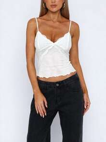 Women Y2K Sheer Lace Mesh Camisole Slim Fit V Neck Open Back Cami Tops Summer Spaghetti Strap Tank Tops Cute Lace Trim Crop Tops Party Club Outfit - 白色 - 查看 1