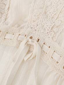 Women's Lace Patchwork V-Neck Fashion Versatile Daily Wear Top - Apricot - View 10