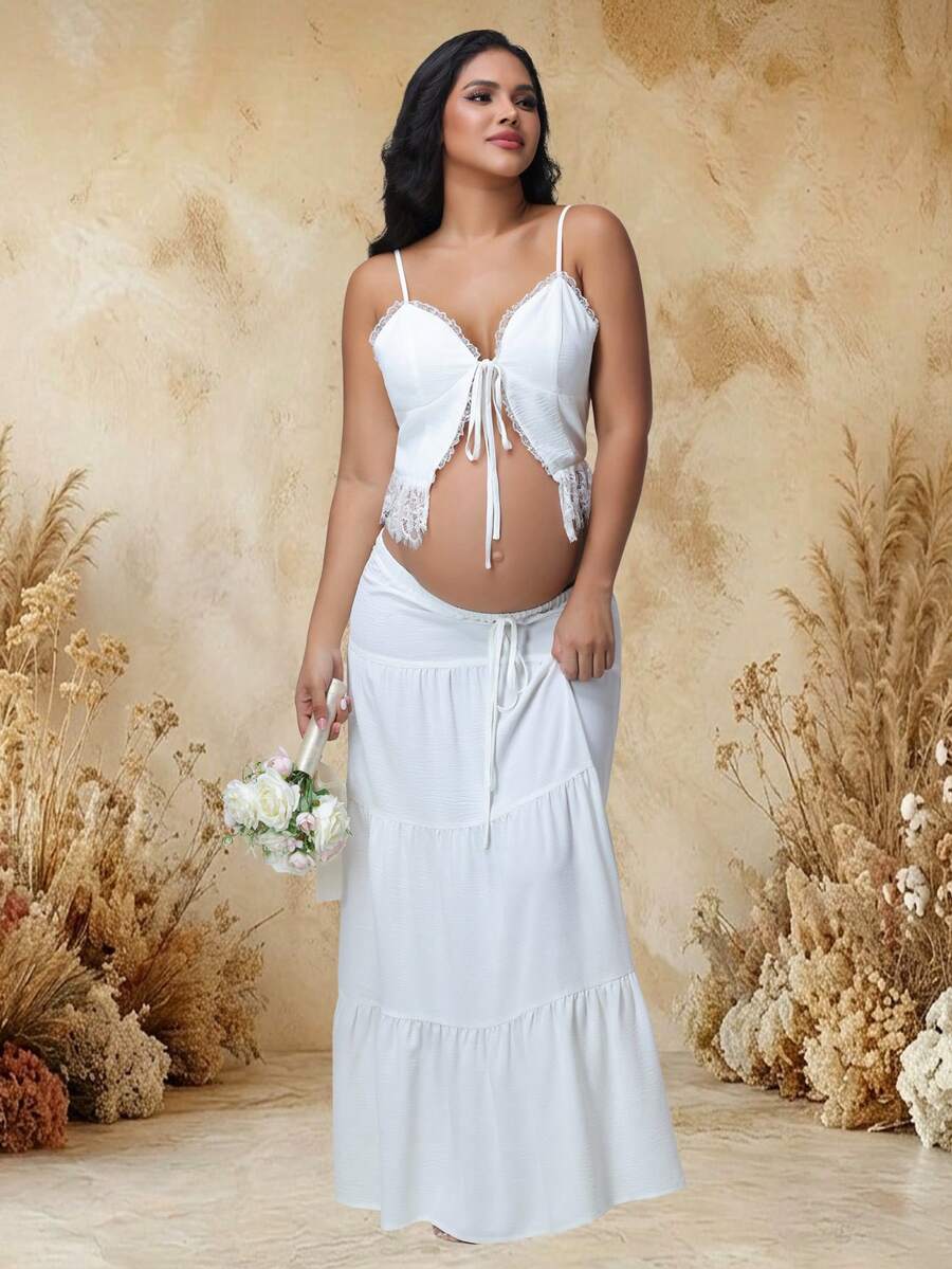 JustVH Women's Maternity Summer Set, Lace Patchwork Tie-Up Camisole Top & Flowy Long Skirt, 2pcs/Set Fall White - White - View 1