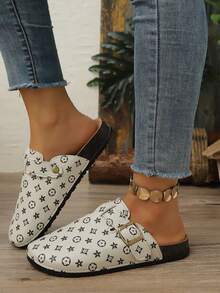 Women's Adjustable Metal Square Buckle Star Pattern Round Toe Closed Toe Flat Half-Slipper Casual Commute Spring Summer Beige PU - Beige - View 4