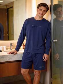 Men's Summer Crew Neck Casual Long Sleeve T-Shirt And Casual Shorts Loungewear Set - Navy Blue - View 4